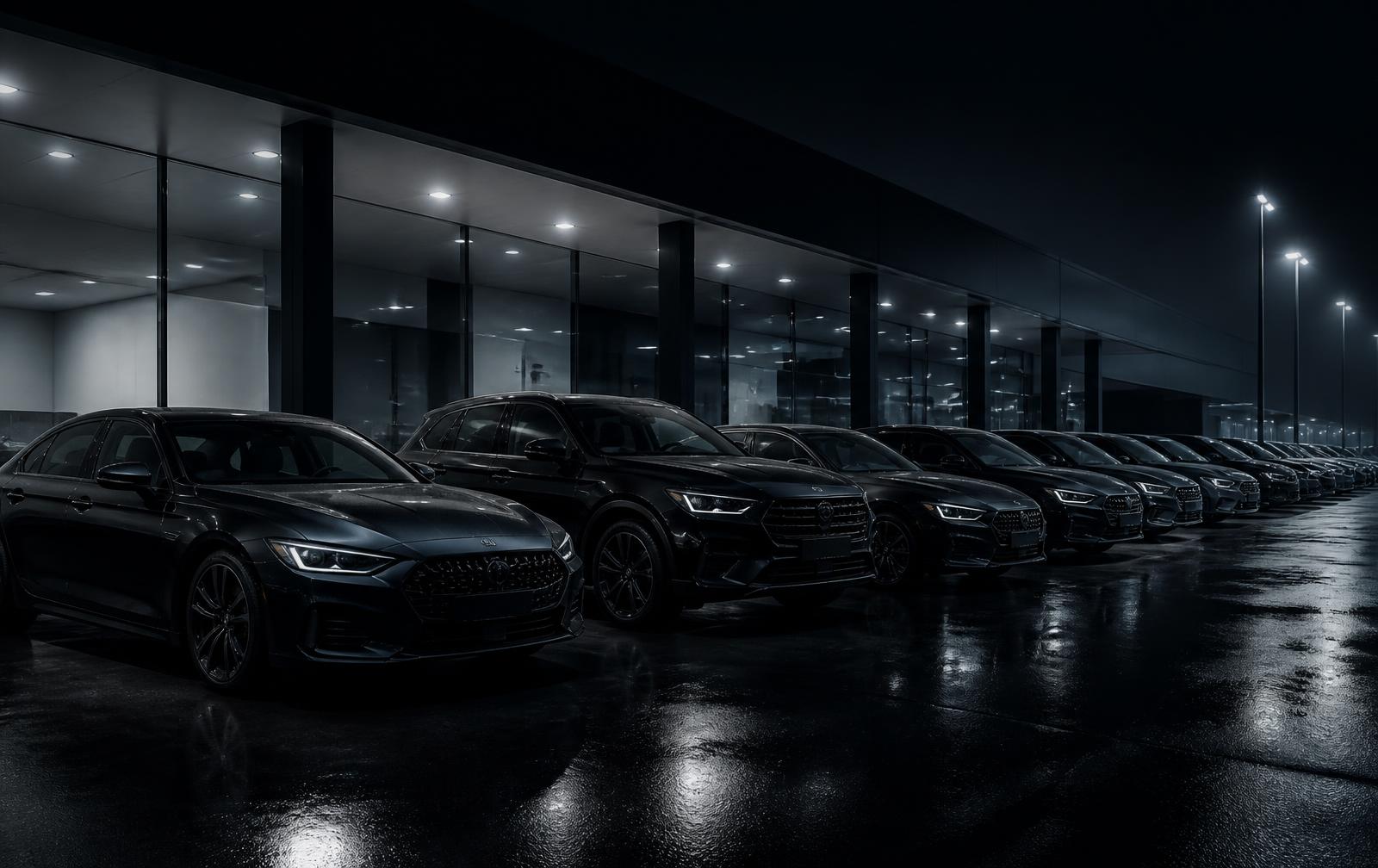 Dealership lot at dusk with rows of vehicles